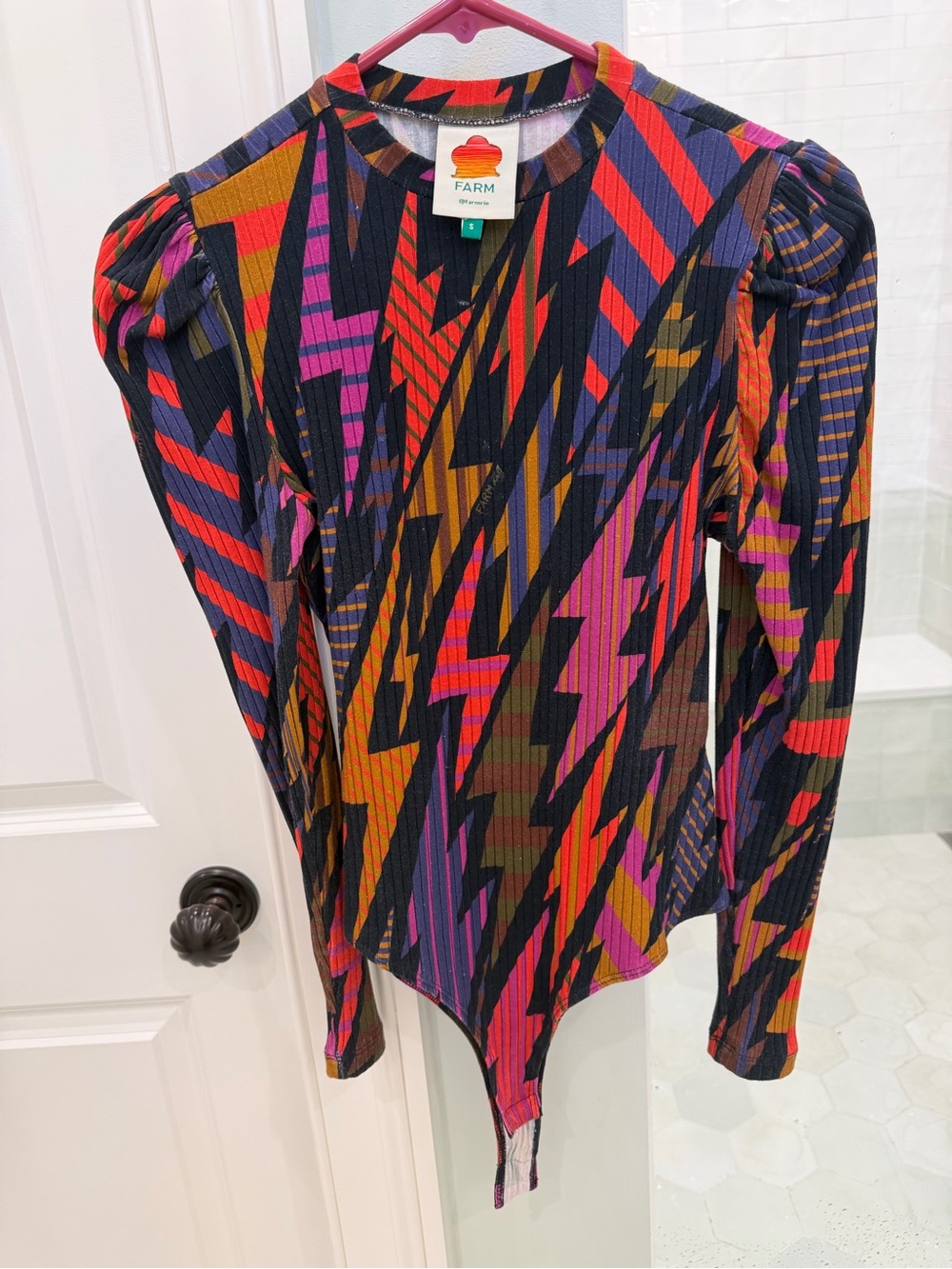FARM Rio Bold Multicolor Zigzag Puff-Sleeve Bodysuit